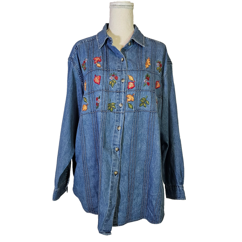 Victoria Jones Women's Denim Button-up Top Size 20W Embroidered Leaves Fall Plus